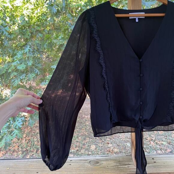 WAYF Women's Black Lace Trim Knot Front Sheer Sleeve Blouse Size M - Picture 3 of 10